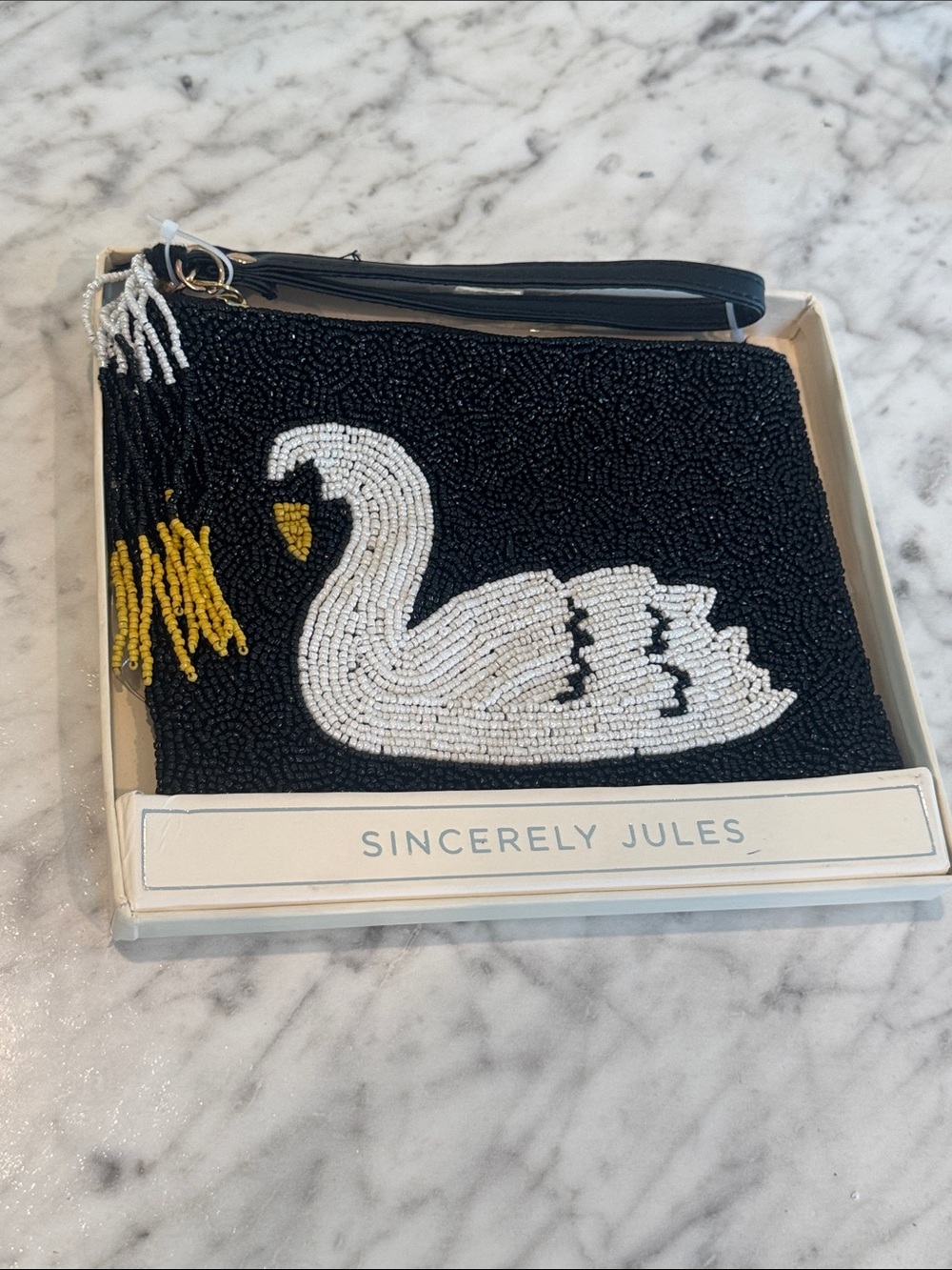 Sincerly Jules Black Beaded Clutch with White Swan and Gold Accents